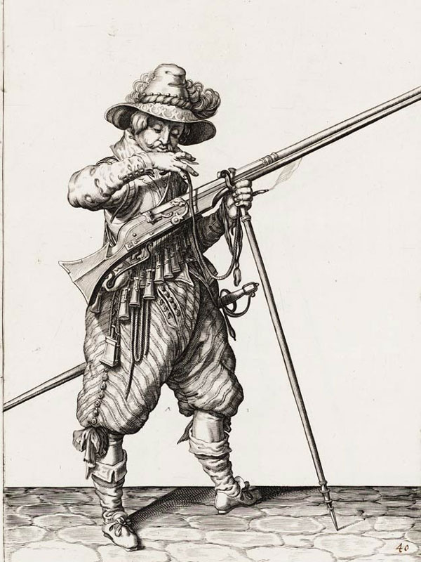 Muszkieter na warcie, rozdmuchuje lont. Grafika Jacoba II de Gheyn ok 1600 r